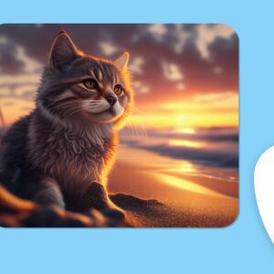 Cute Cat Mousepad, Beach Sunset Design, Soft Polyester Fabri…