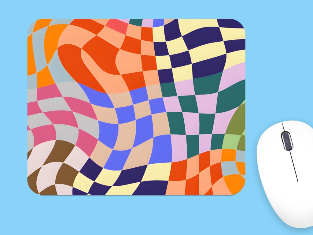Retro Checkered Mouse Pad, Abstract Wavy Geometric Colorful Desk Mat