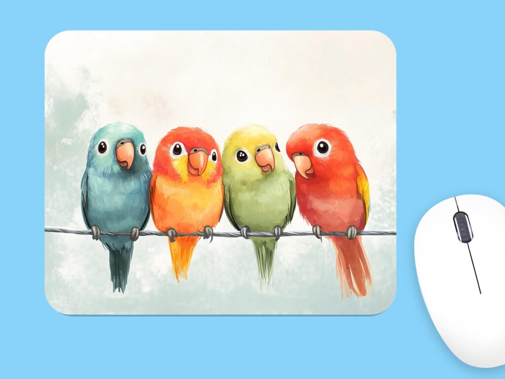 Colorful Cute Parrots MOUSE PAD, Soft Polyester Mousepad, Premium Printing, Long-Lasting Colors, Unique Parrots Design, Thoughtful Gift