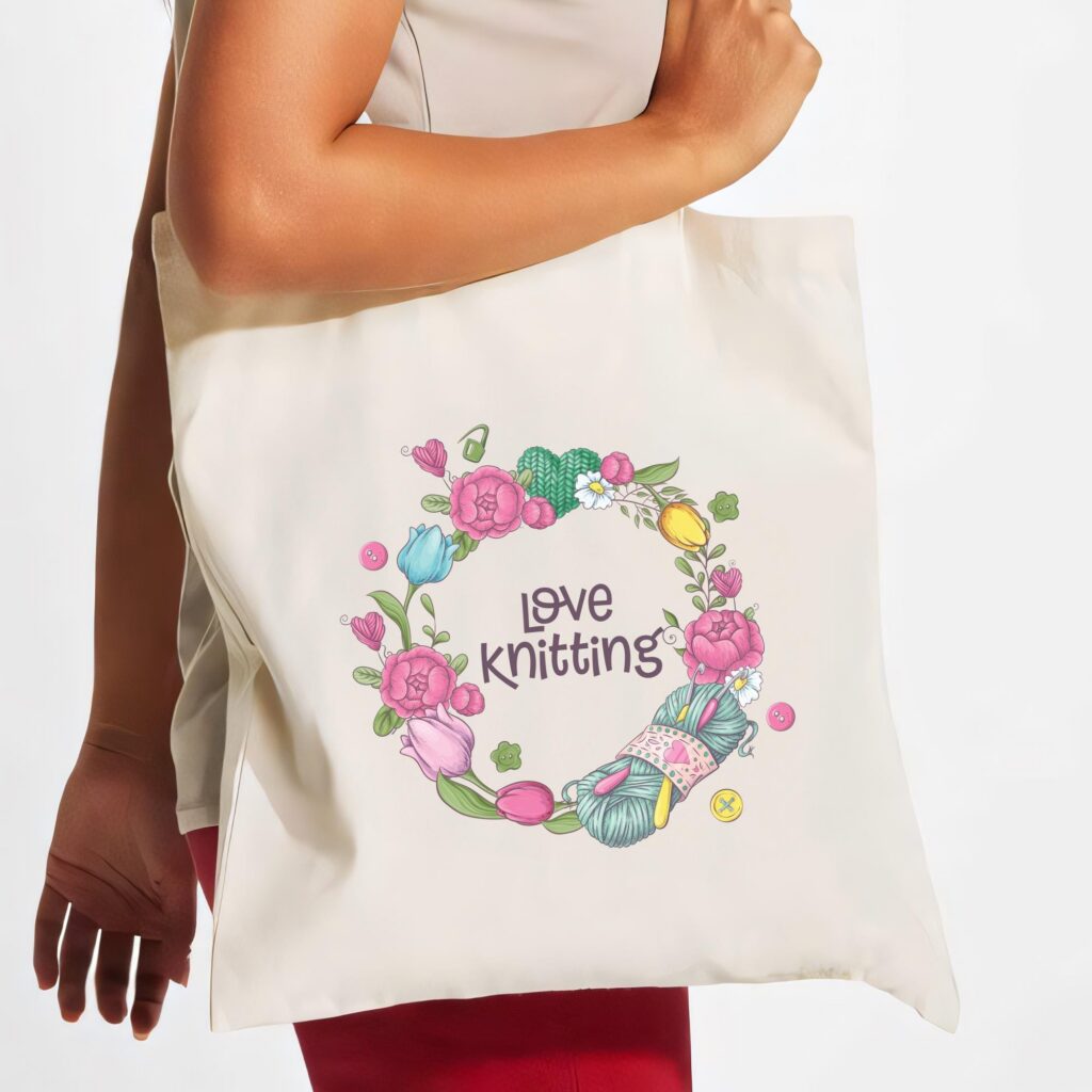 Knitting Lover Canvas Tote Bag. Knitting Tote Bag. Yarn Ball Print Carryall for Crafters. Love Knitting. Shopping Bag.