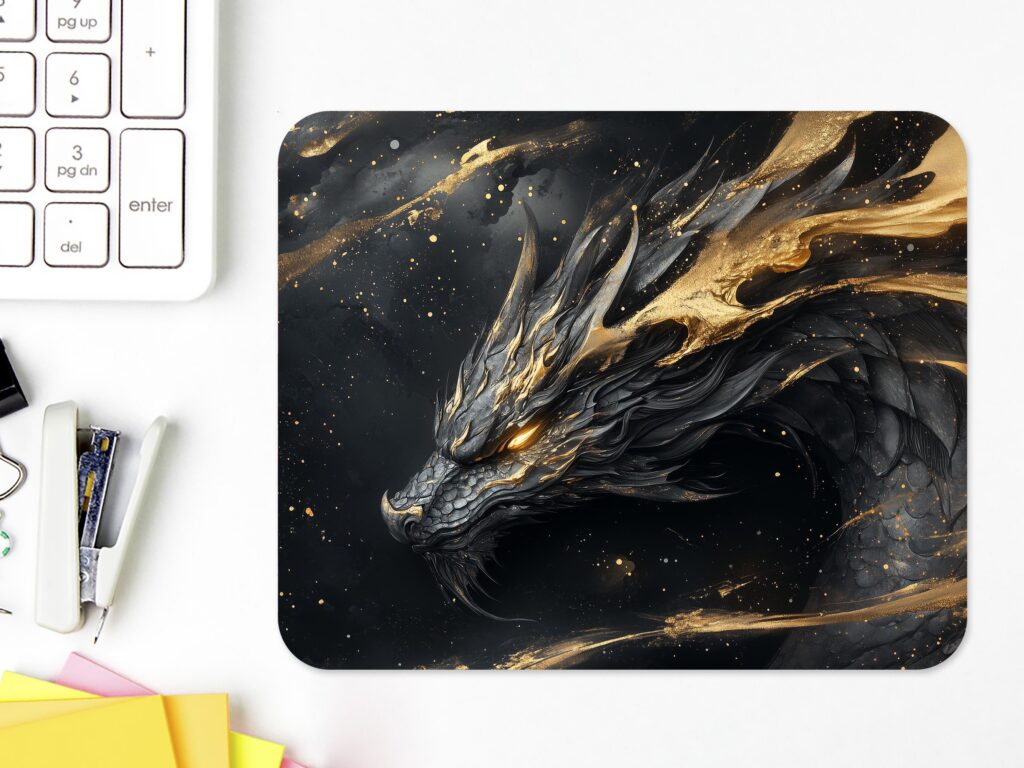 Black and Gold DRAGON MOUSEPAD, Soft Polyester Mouse Pad, Premium Printing, Long-Lasting Colors, Unique Dragon Design, Thoughtful Gift