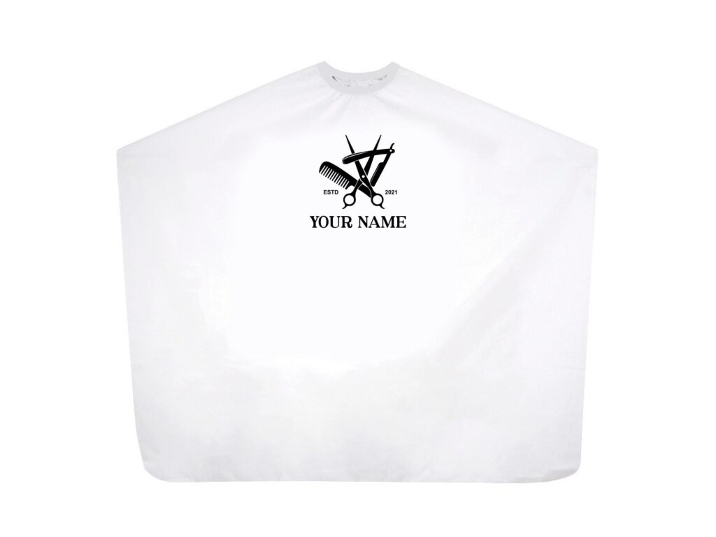 Hair Salon & Barber Cape with Pre-Designed Logo. Customizable Text for a Unique, Branded Look for Professional Stylists and Barbers.