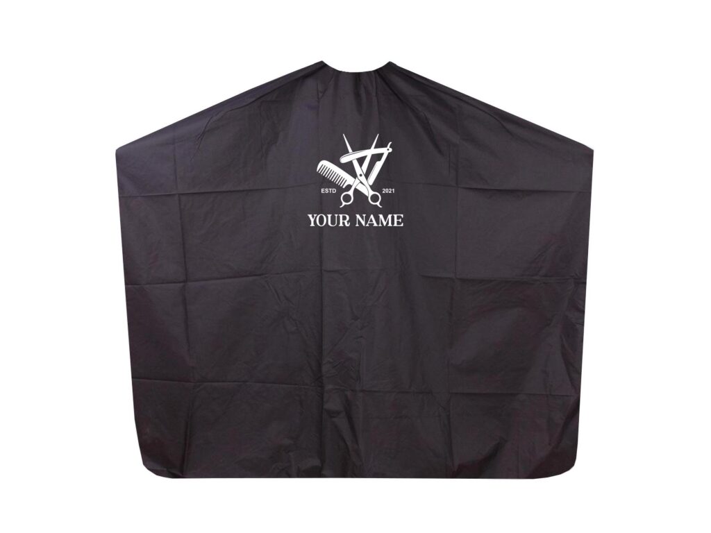 Hair Salon & Barber Cape with Pre-Designed Logo. Customizable Text for a Unique, Branded Look for Professional Stylists and Barbers.
