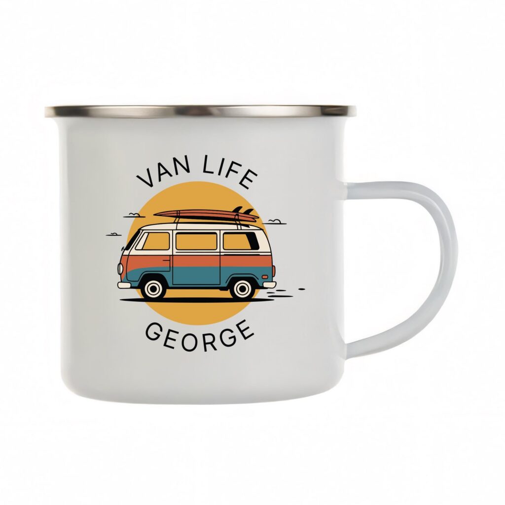 Personalized Van Life Enamel Mug, Custom Camper Coffee Cup, Adventure Travel Gift