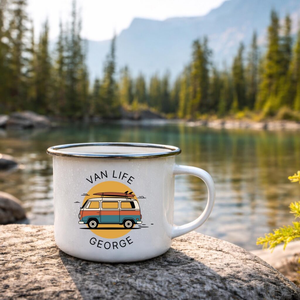 Personalized Van Life Enamel Mug, Custom Camper Coffee Cup, Adventure Travel Gift