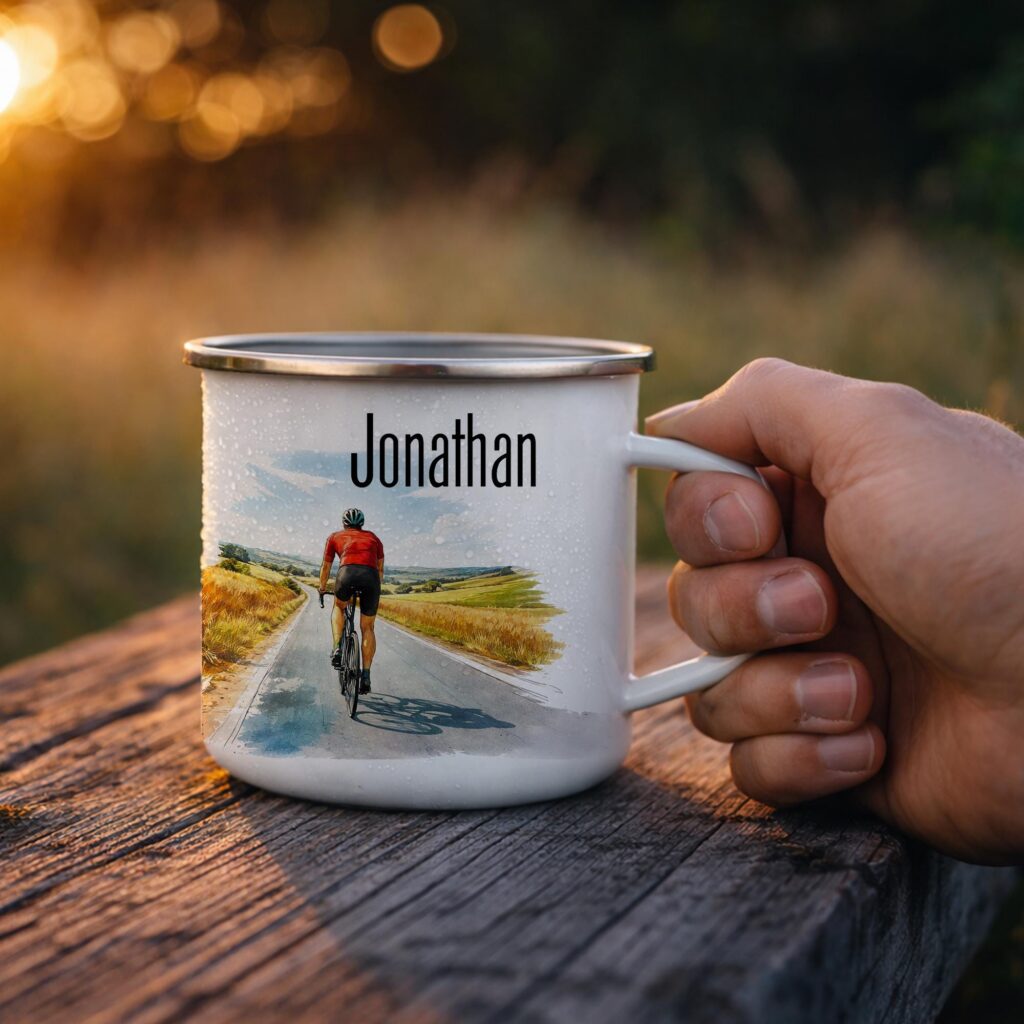 Personalized Cycling Enamel Mug, Custom Cyclist Coffee Cup, Bike Lover Gift