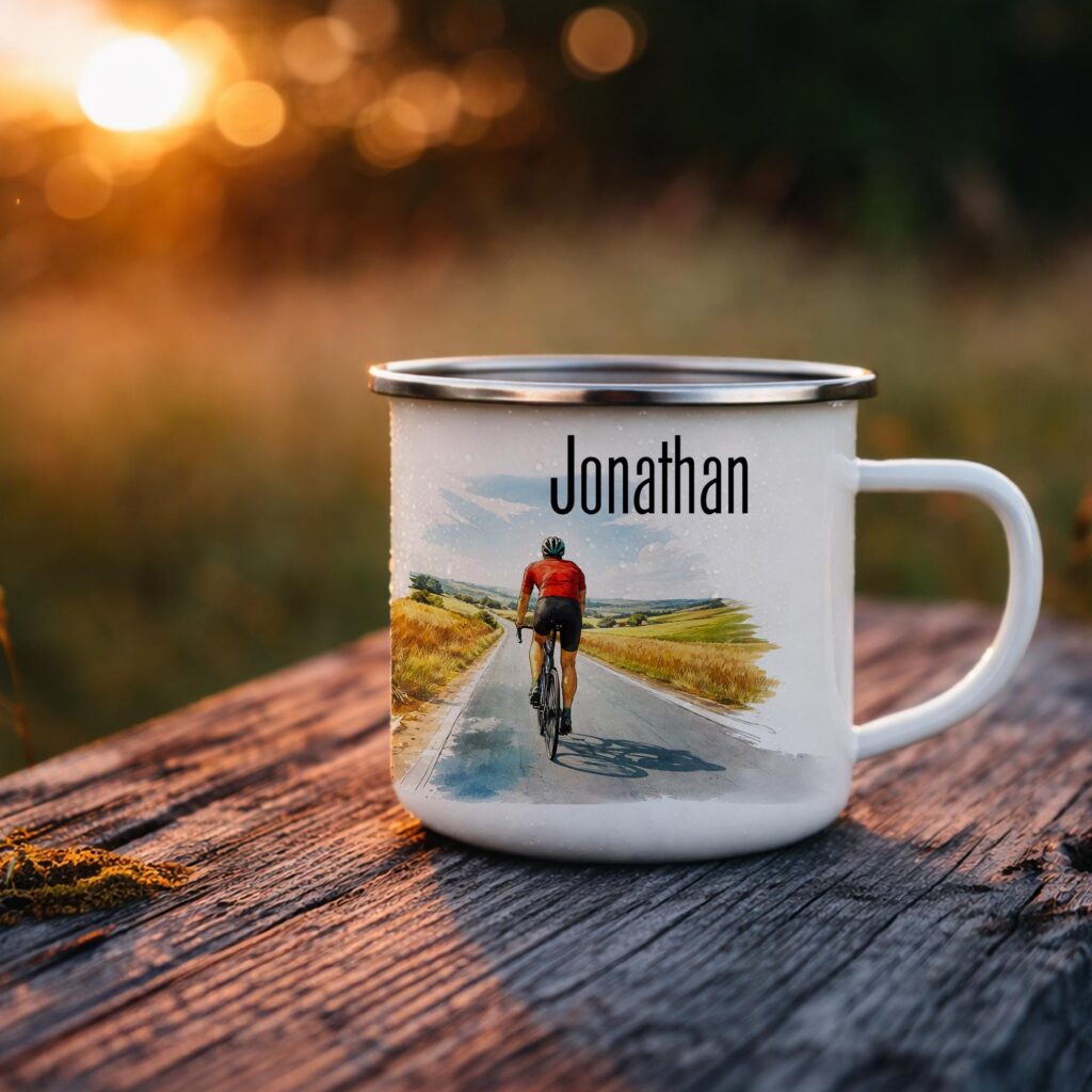 Personalized Cycling Enamel Mug, Custom Cyclist Coffee Cup, Bike Lover Gift