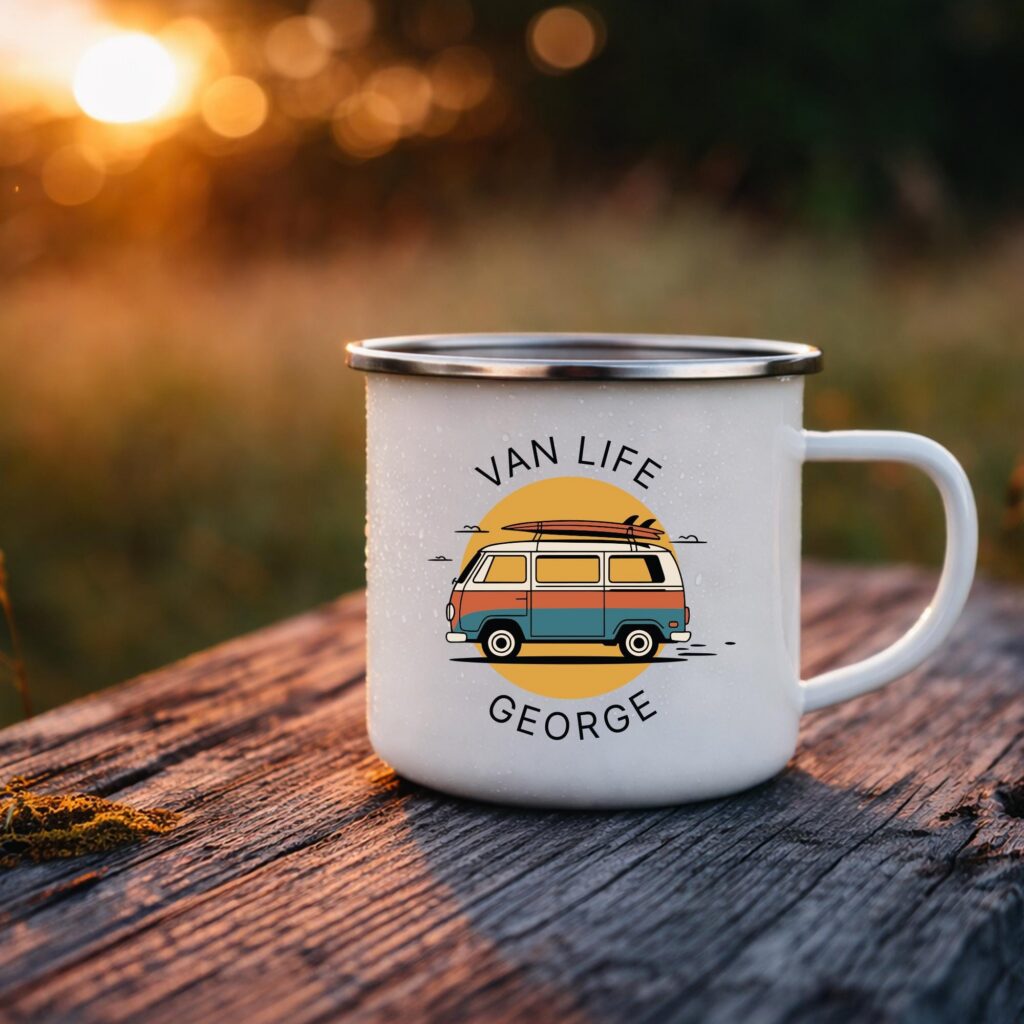 Personalized Van Life Enamel Mug, Custom Camper Coffee Cup, Adventure Travel Gift