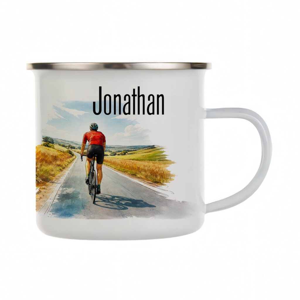 Personalized Cycling Enamel Mug, Custom Cyclist Coffee Cup, Bike Lover Gift