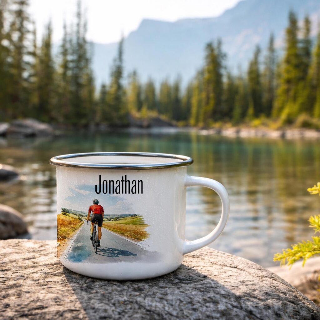 Personalized Cycling Enamel Mug, Custom Cyclist Coffee Cup, Bike Lover Gift