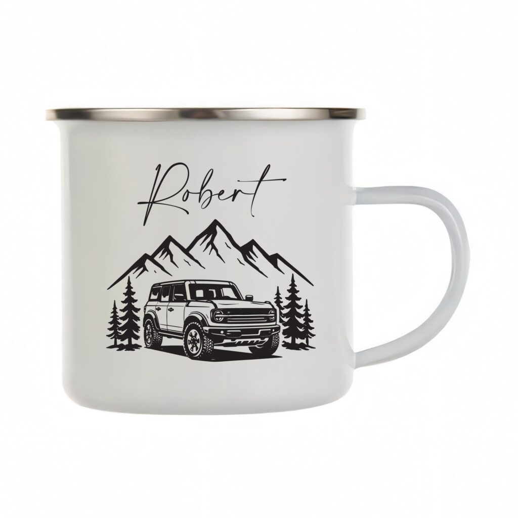 Personalized Vehicle Enamel Mug, Custom Illustration Cup, Camping & Road Trip Gift