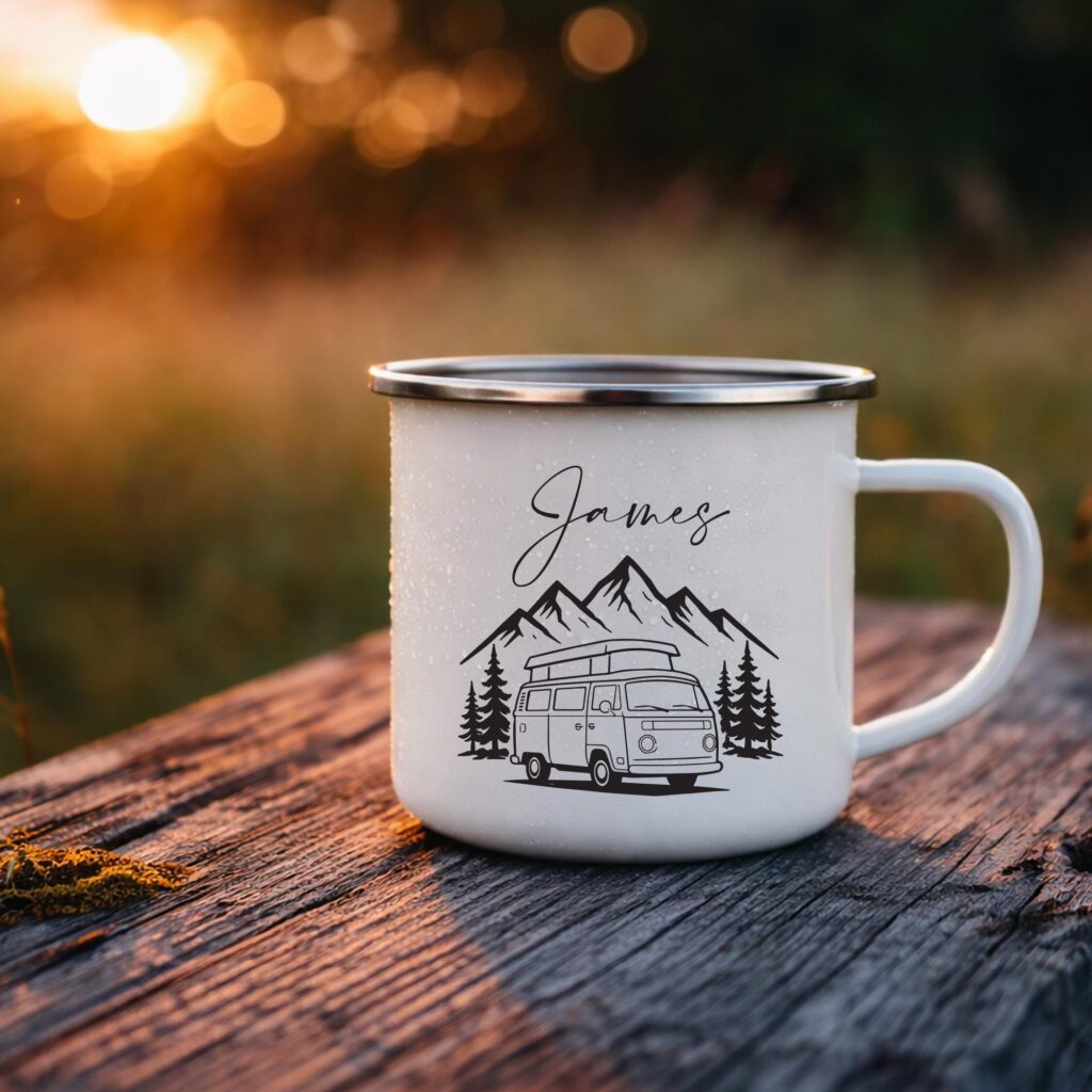 Personalized Vehicle Enamel Mug, Custom Illustration Cup, Camping & Road Trip Gift