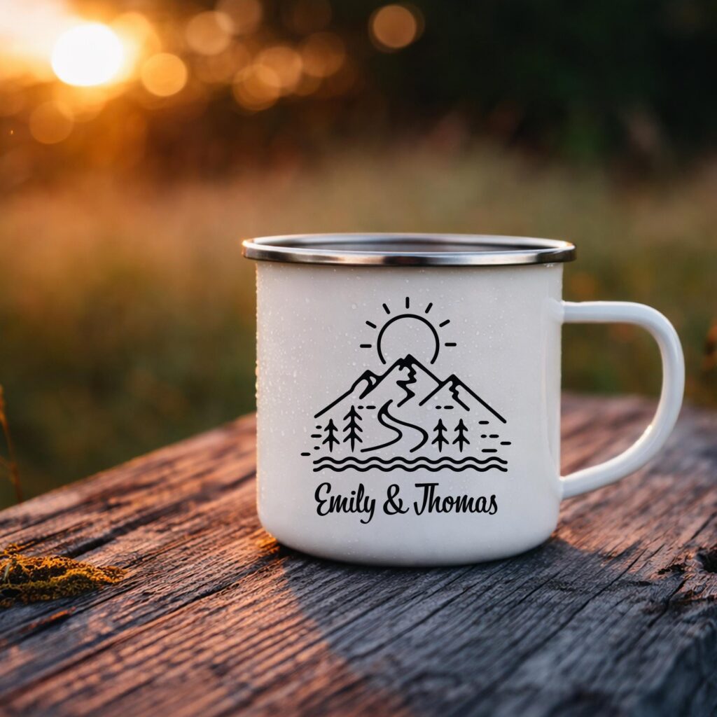 Personalized Mountain Enamel Mug for Couples, Camping & Adventure Gift