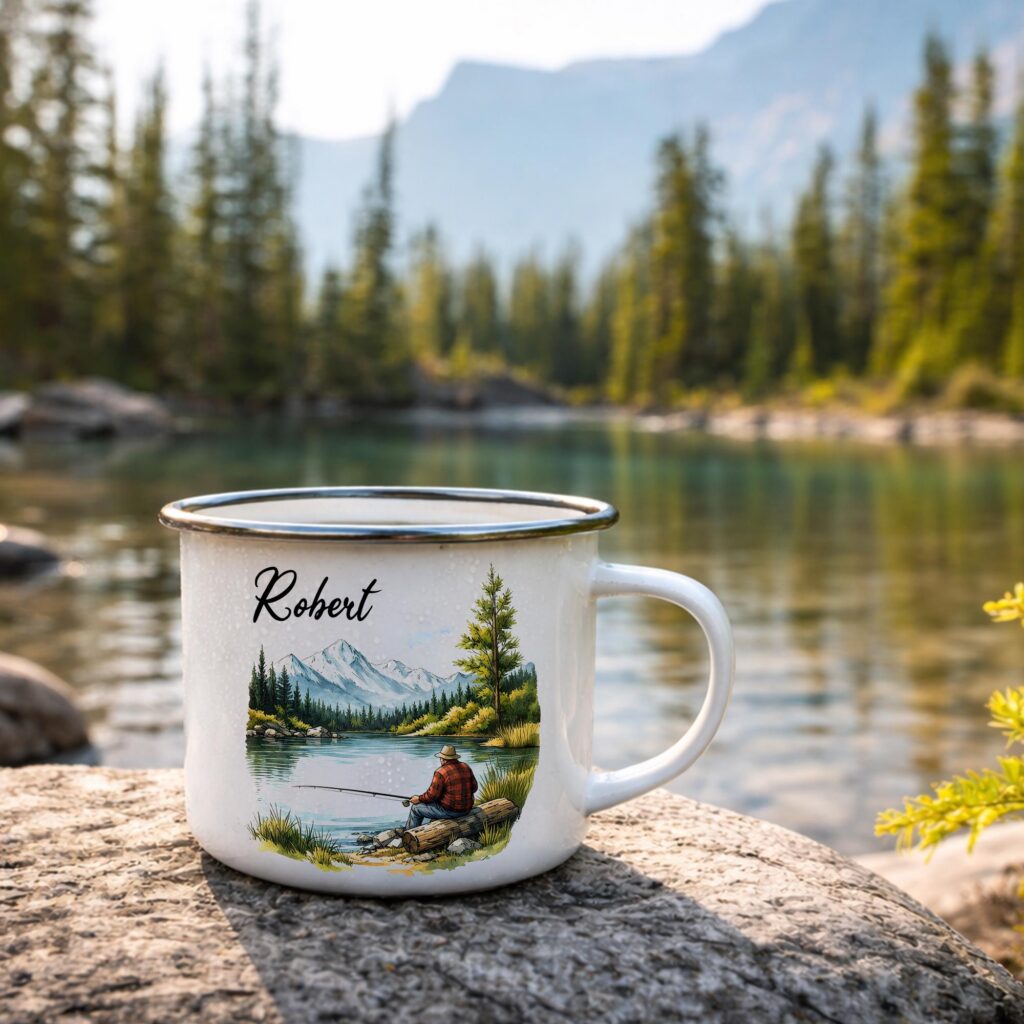 Personalized Fishing Enamel Mug, Custom Name Outdoor Camp Cup, Nature Lover Gift