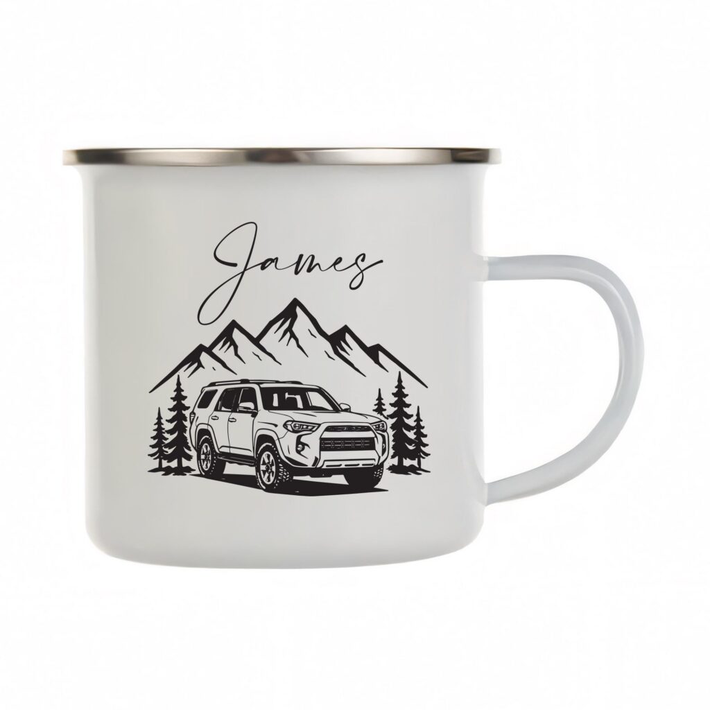 Personalized Vehicle Enamel Mug, Custom Illustration Cup, Camping & Road Trip Gift