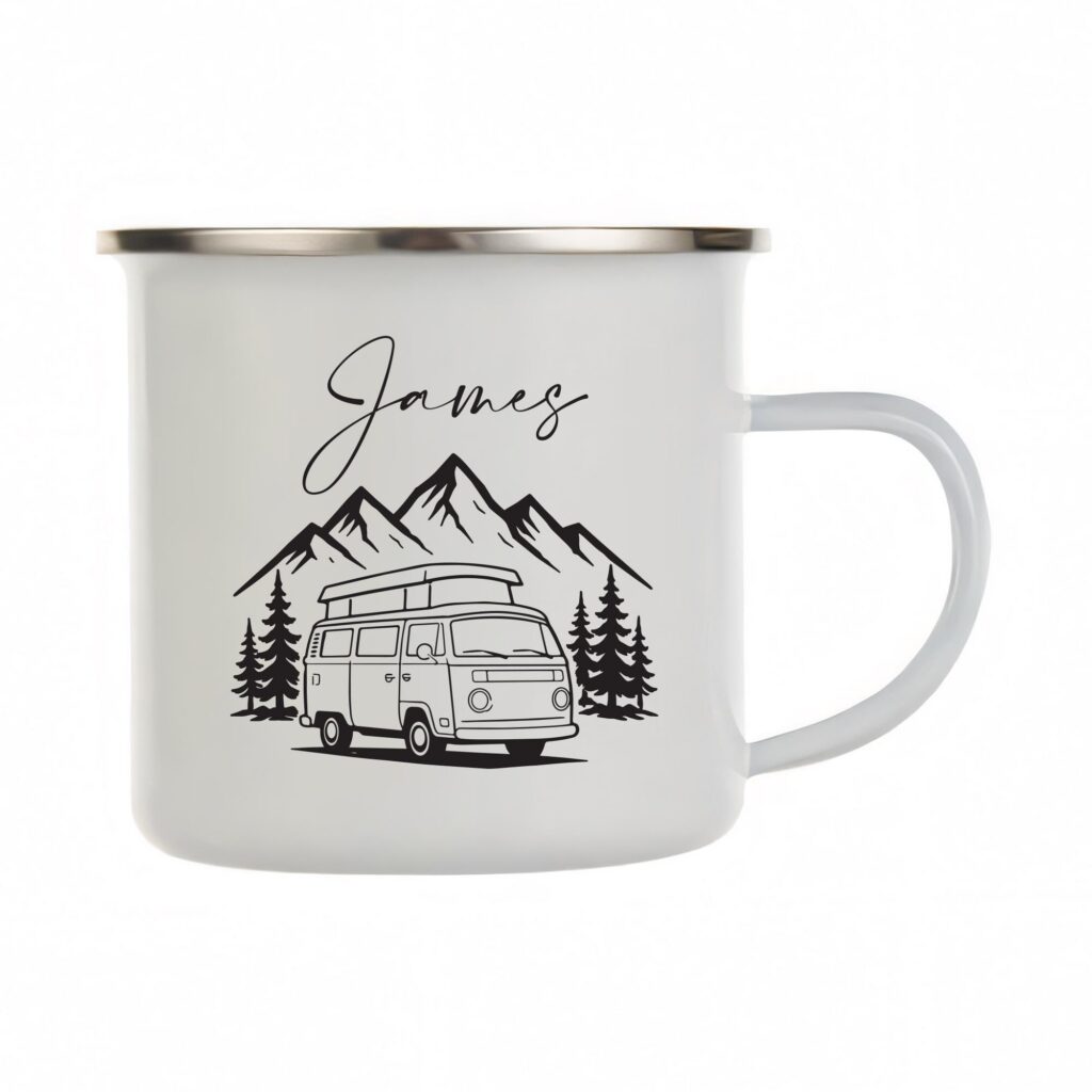 Personalized Vehicle Enamel Mug, Custom Illustration Cup, Camping & Road Trip Gift