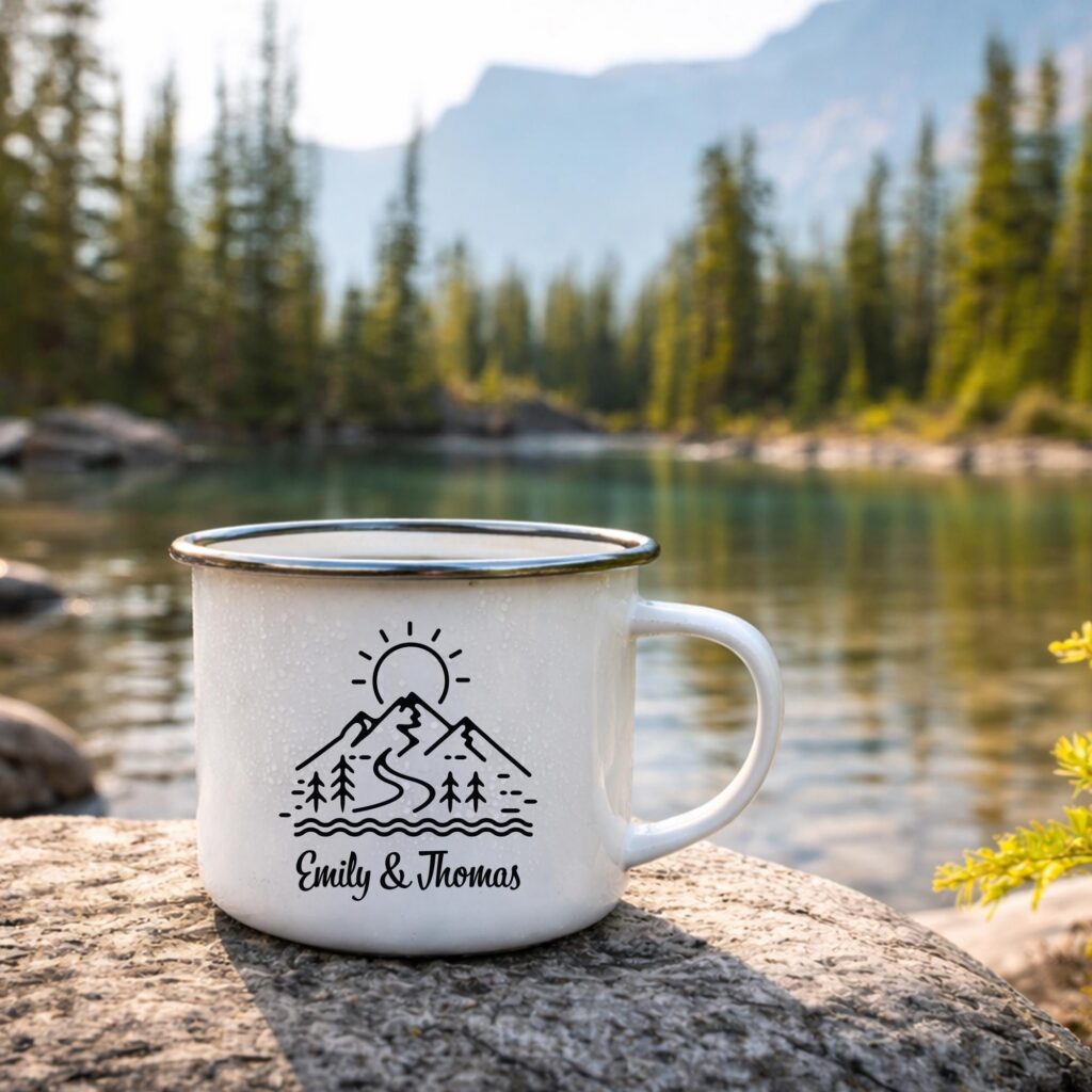 Personalized Mountain Enamel Mug for Couples, Camping & Adventure Gift