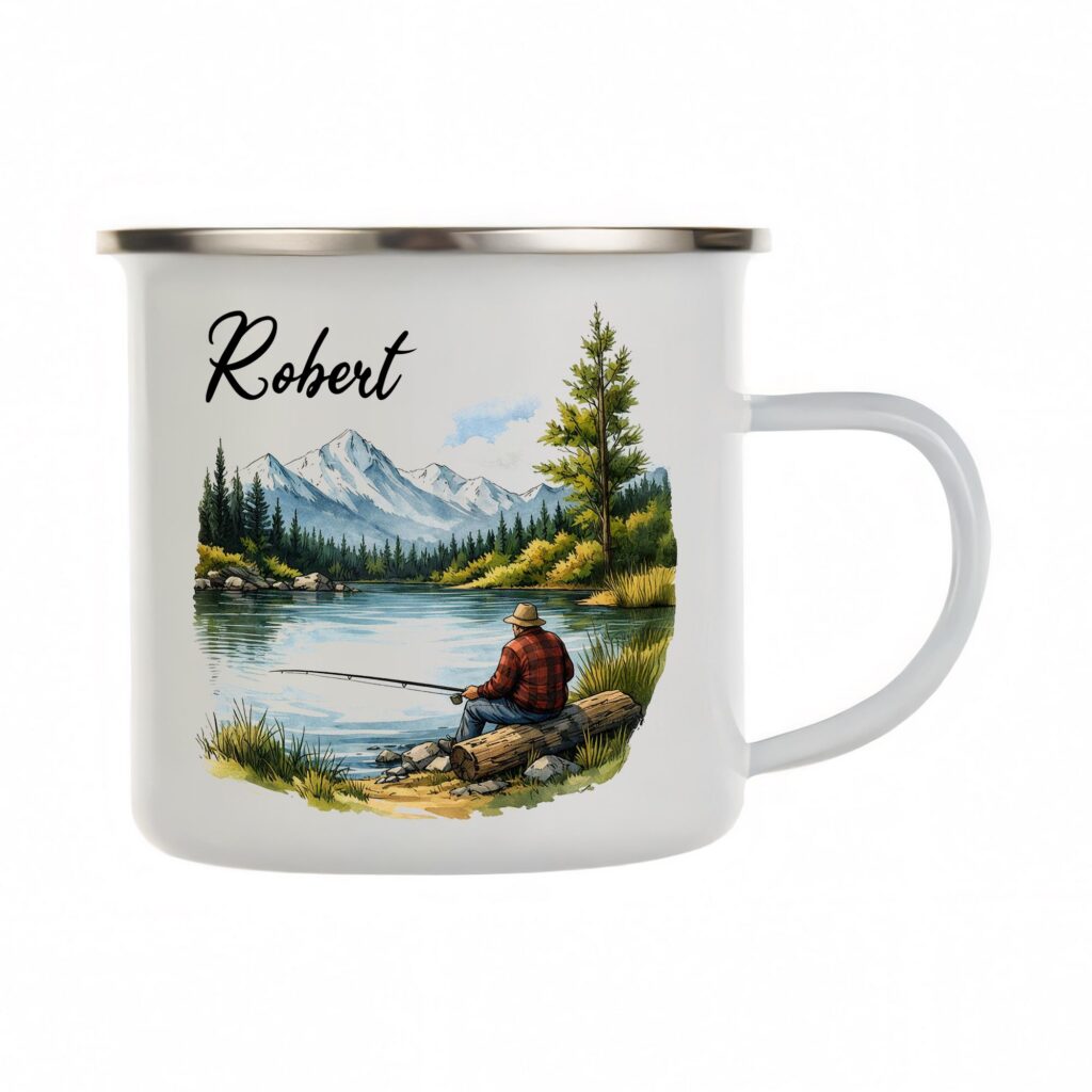 Personalized Fishing Enamel Mug, Custom Name Outdoor Camp Cup, Nature Lover Gift