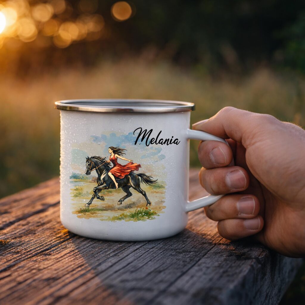 Personalized Horse Riding Enamel Mug, Female Equestrian Gift