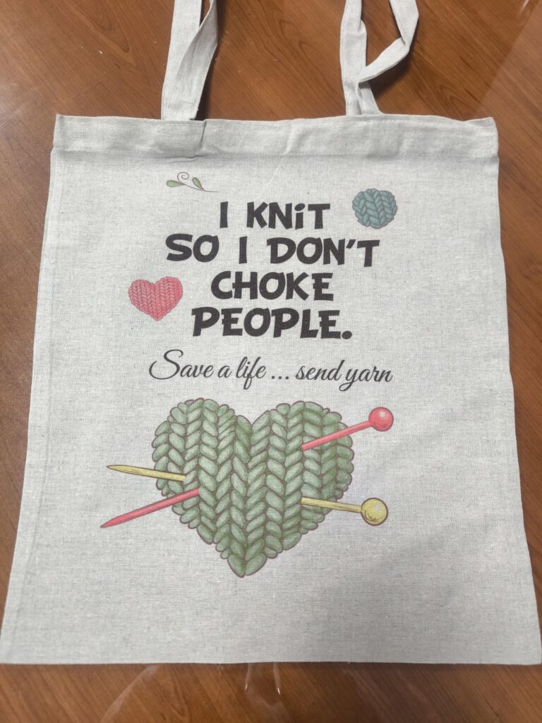 Funny Knit Tote Bag – ‘I Knit So I Don’t Choke People’ Yarn Carryall for Knit Lovers. Love Knitting. Shopping Bag.