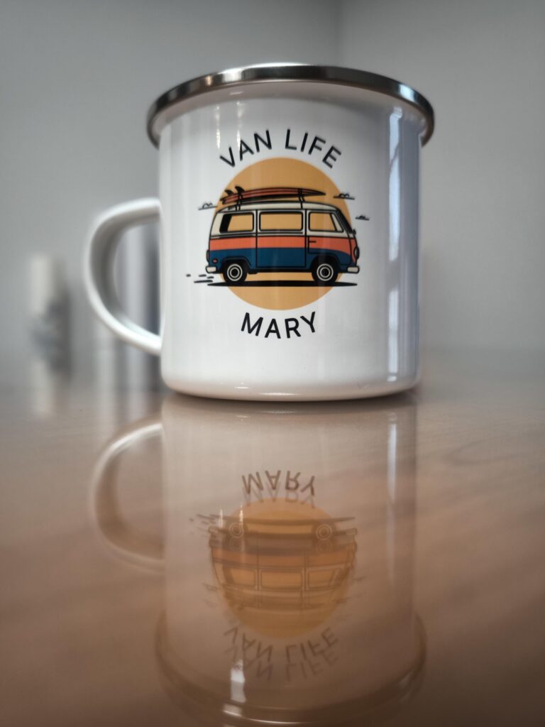 Personalized Van Life Enamel Mug, Custom Camper Coffee Cup, Adventure Travel Gift