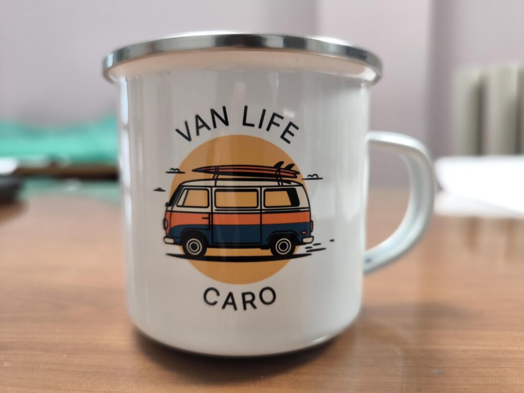 Personalized Van Life Enamel Mug, Custom Camper Coffee Cup, Adventure Travel Gift