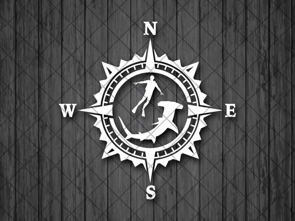 Shark Spearfishing Vinyl Decal Sticker, Underwater Fishing Decal, Compass Rose Decal, Decal For Adventure Car, Freediver, Free Diver Decal