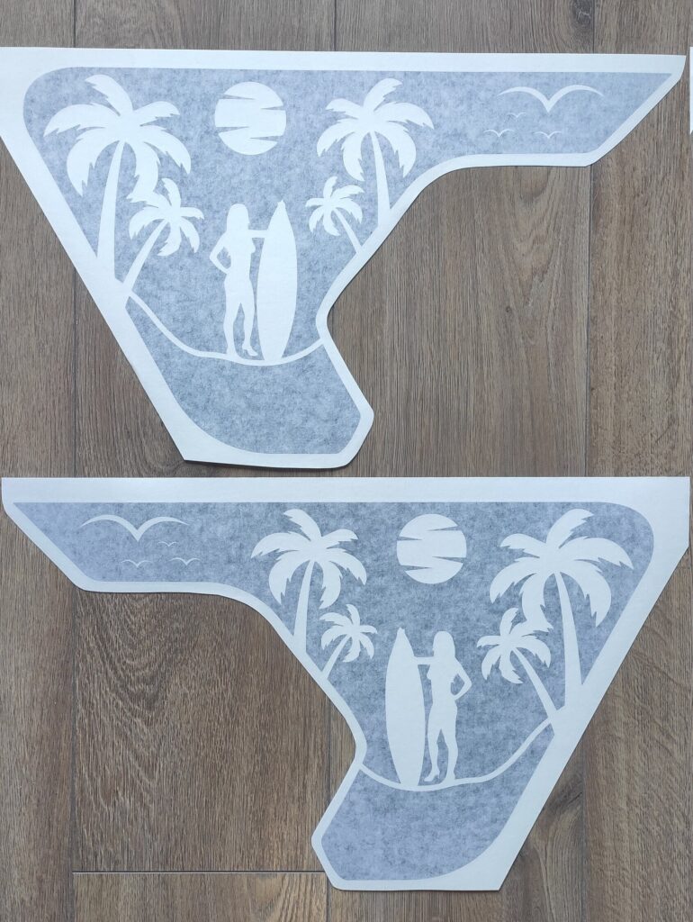 Palm Trees Beach Surfer Girl Fender Vent Vinyl Decal Sticker, JL / JLU / JT Fender Vent Decal Set, Pair Decals
