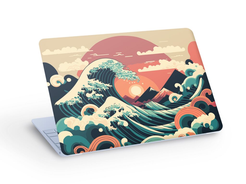 JAPANESE Art Ocean Wave & Sun LAPTOP SKIN Decal Sticker, Big Ocean Wave and Sun Laptop Skin Decal – Custom Size