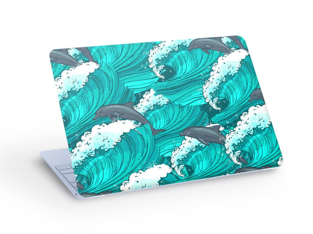 OCEAN Waves & DOLPHIN LAPTOP Skin Decal Sticker, Sea Waves Dolphin Laptop Skin Decal – Custom Size