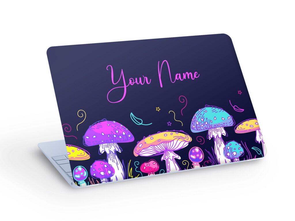MUSHROOMS LAPTOP SKIN Decal Sticker, Colorful Psychedelic Mushrooms Laptop Skin Decal – Custom Size, Custom Text or Custom Name