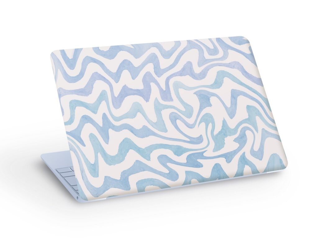 Blue Wavy Shapes LAPTOP SKIN Decal Sticker, Blue Swirl Abstract Laptop Skin Decal – Custom Size