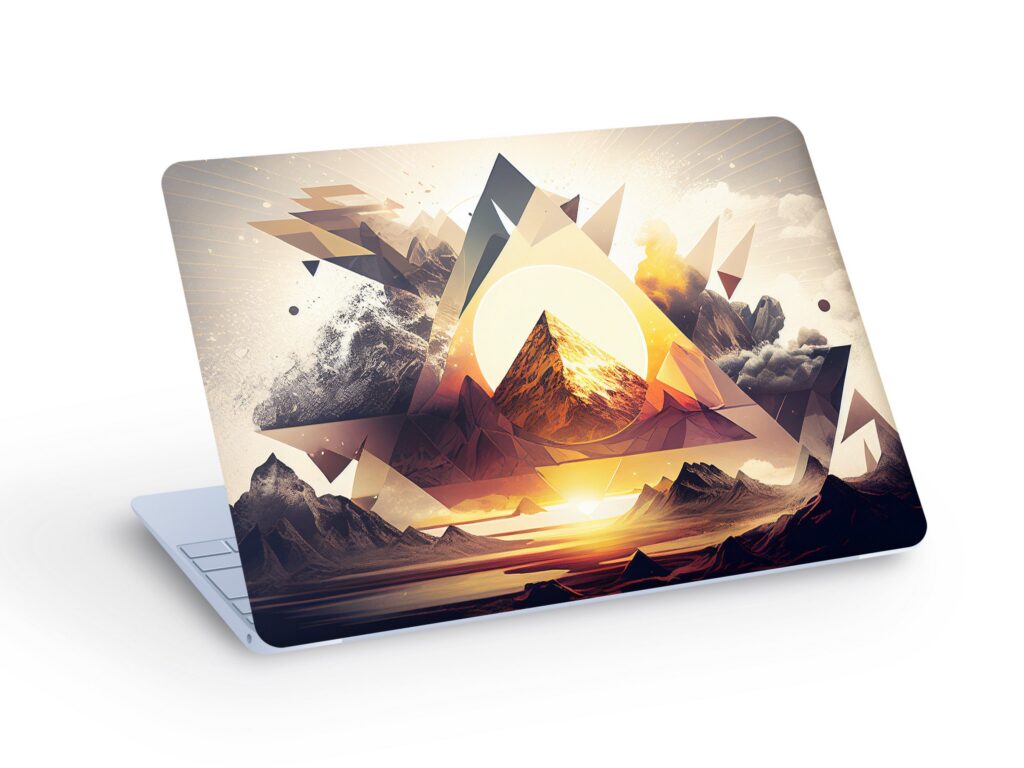 Abstract Sun And MOUNTAIN LAPTOP SKIN Decal Sticker, Mountain & Sun Landscape Of Triangles Laptop Skin Decal – Custom Size