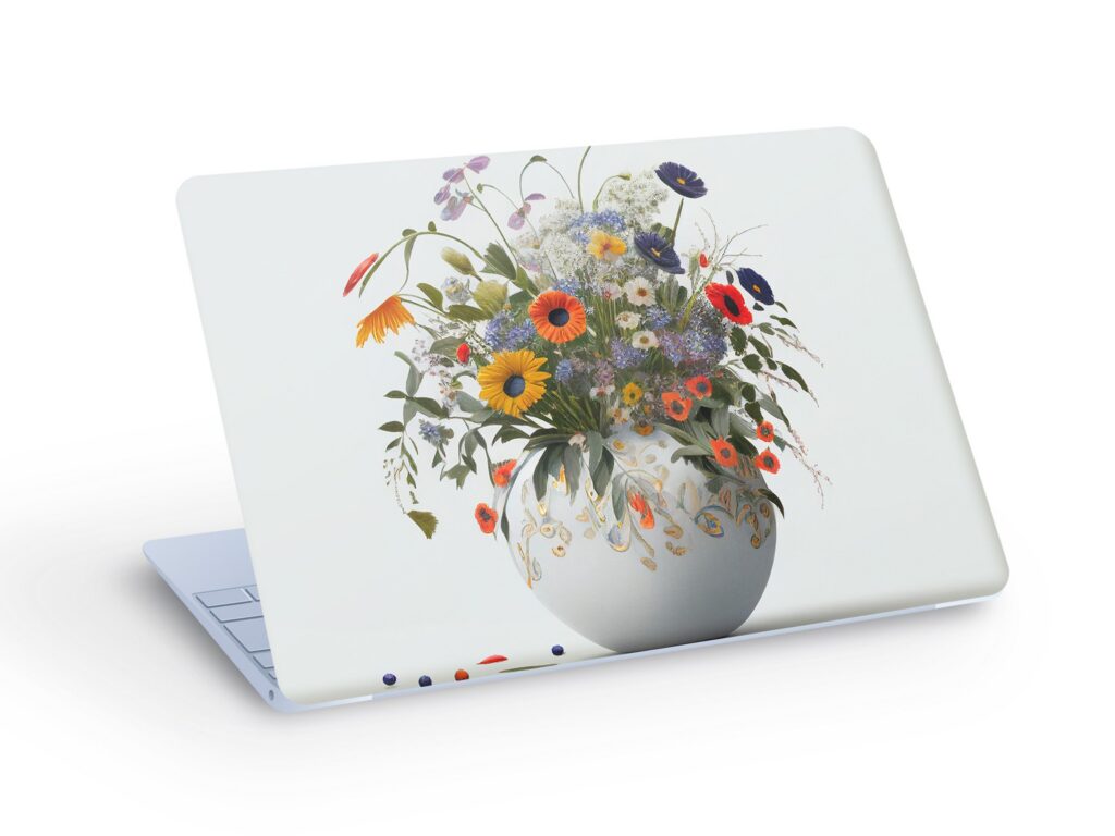 FLOWERS In Pot Laptop Skin, Flowers Macbook Skin, Potted Flowers On White Background Laptop Skin Decal Sticker  – Custom Size
