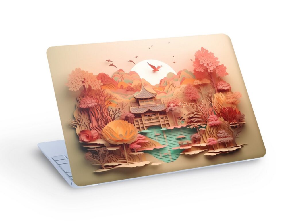 Chinese Landscape Illustration LAPTOP SKIN Decal Sticker, Paper Craft, Oriental Kirigami Landscape Laptop Skin Decal – Custom Size
