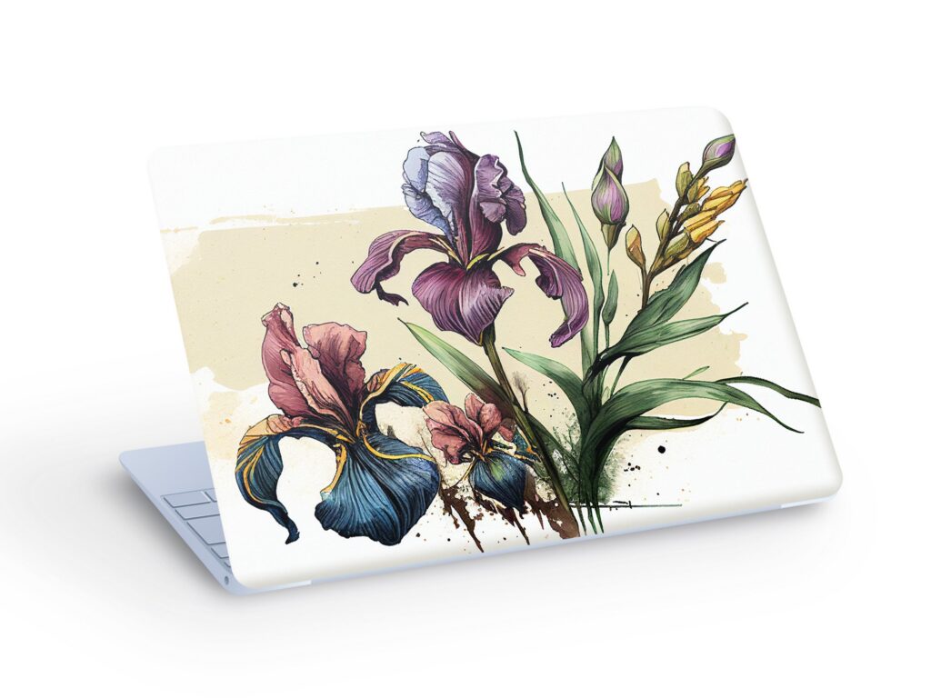Painted IRIS Flowers LAPTOP SKIN Decal Sticker, Beutifull Watercolor Iris Flowers Macbook Skin, Iris Flowers Laptop Skin Decal – Custom Size