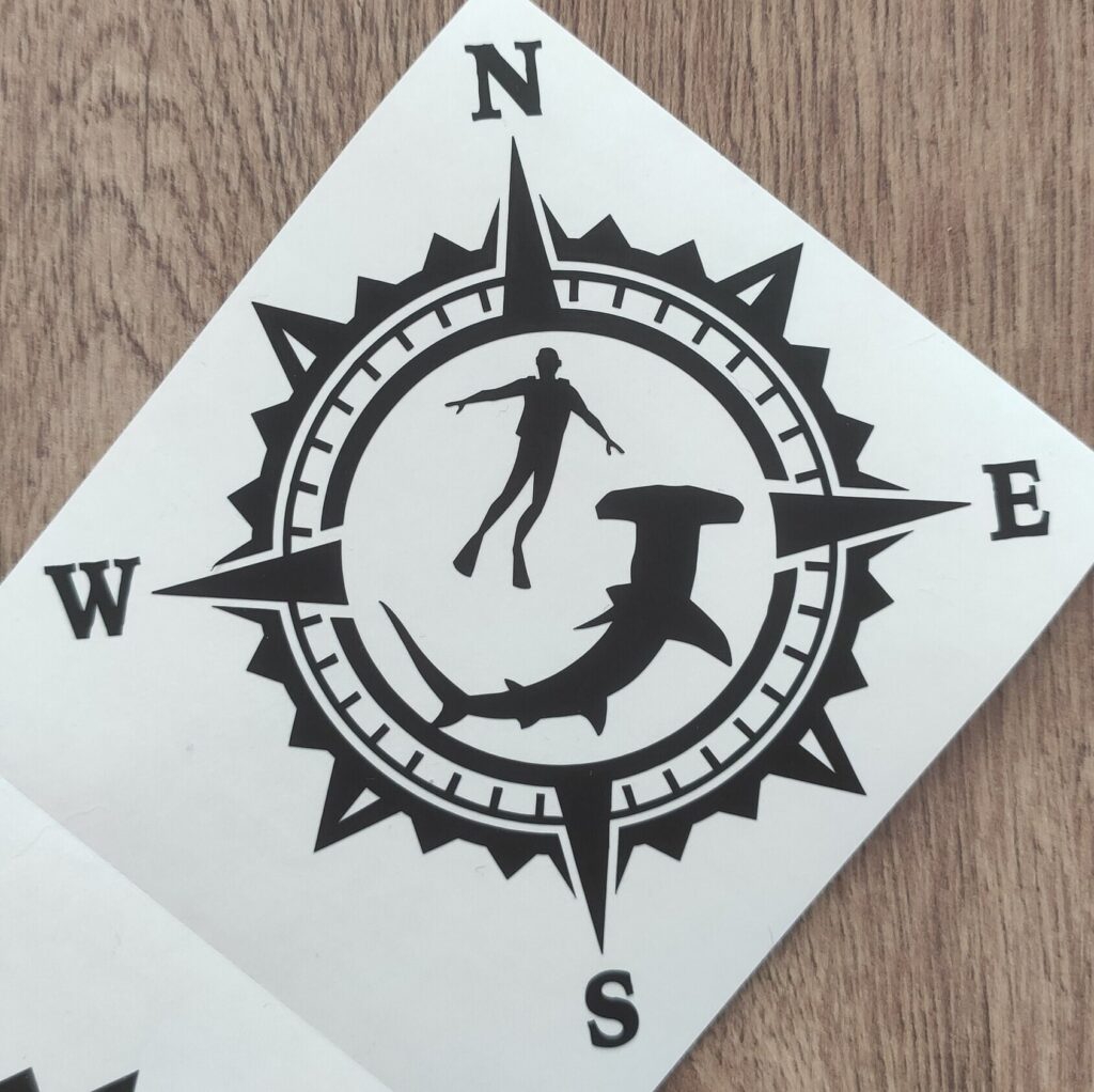 Shark Spearfishing Vinyl Decal Sticker, Underwater Fishing Decal, Compass Rose Decal, Decal For Adventure Car, Freediver, Free Diver Decal