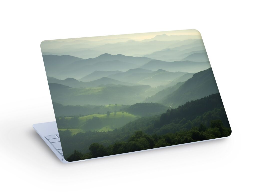 Green MOUNTAIN Landscape LAPTOP SKIN Decal Sticker, Mountain Hazy Distant Landscape Laptop Skin Decal,Macbook Skin – Custom Size
