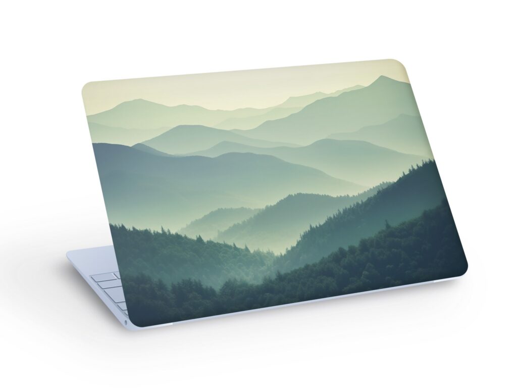 Green MOUNTAINS Landscape LAPTOP SKIN Decal Sticker, Mountain Hazy Distant Landscape Laptop Skin Decal,Macbook Skin – Custom Size