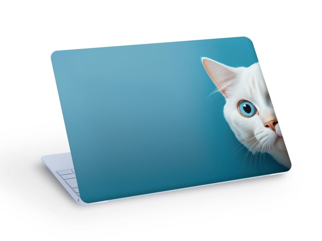 White CAT Peeks Out LAPTOP SKIN Decal Sticker, Frightened Cat Laptop Skin Decal – Custom Size