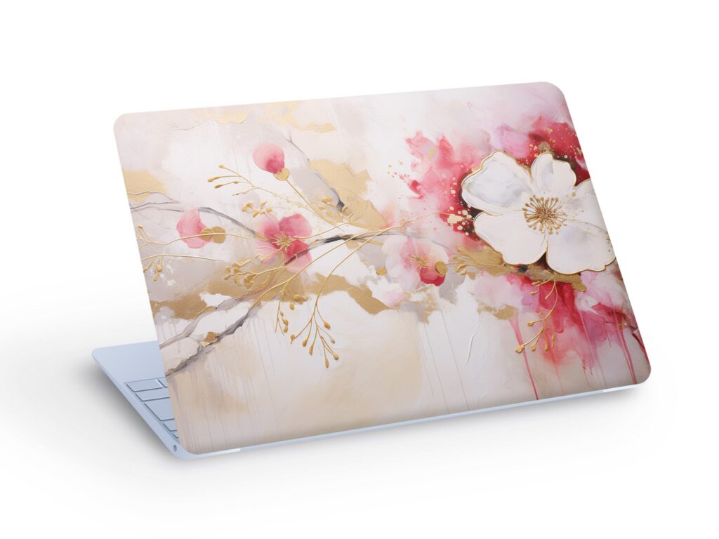 Gold Pink Flowers LAPTOP SKIN Decal Sticker, Macbook Flowers Laptop Skin Decal – Custom Size