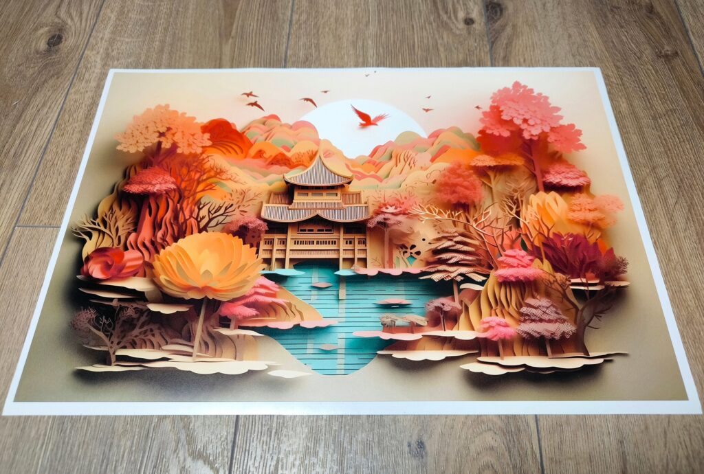 Chinese Landscape Illustration LAPTOP SKIN Decal Sticker, Paper Craft, Oriental Kirigami Landscape Laptop Skin Decal – Custom Size