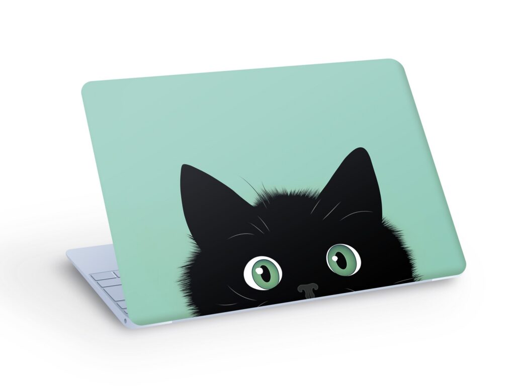 Black CAT Peeks Out LAPTOP SKIN Decal Sticker, Cute Black Cat Laptop Skin Decal – Custom Size