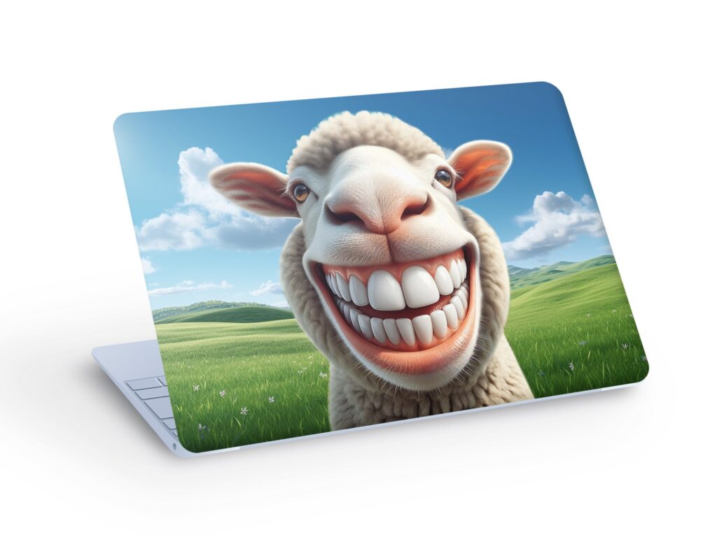 Funny Sheep Smiling LAPTOP SKIN Decal Sticker, Sheep Macbook Skin, Happy Sheep Laptop Skin Decal Universal Fit- Custom Size
