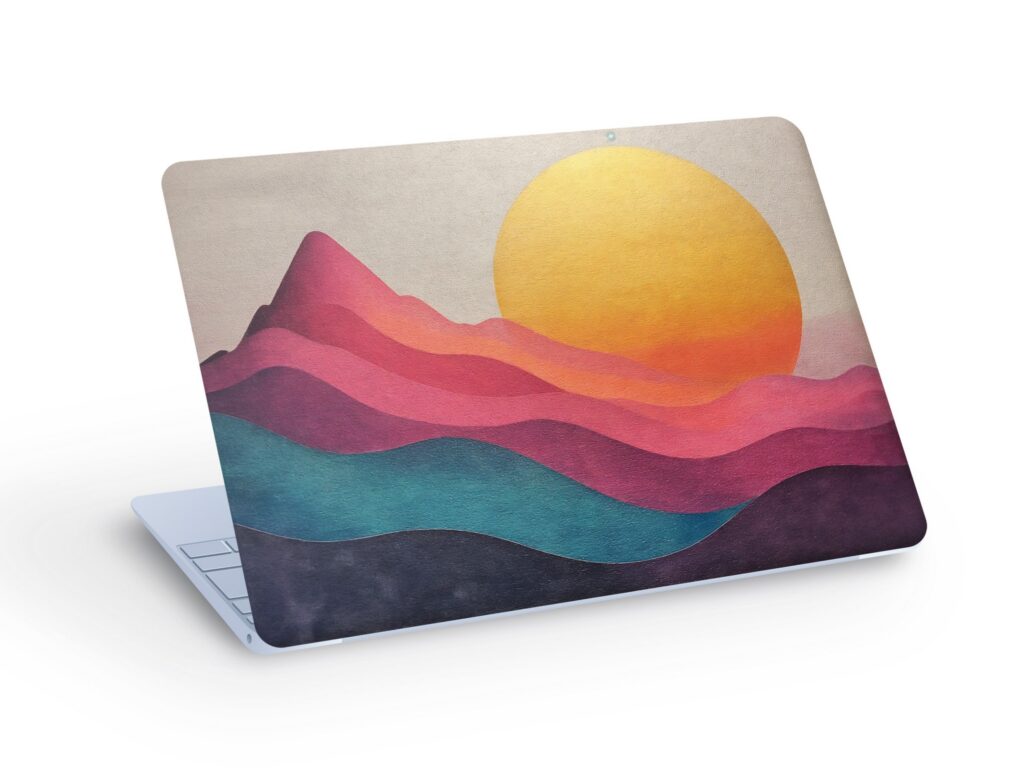 Colorful Abstract SUN & MOUNTAINS LAPTOP Skin Decal Sticker, Sun Mountain Painted Art Laptop Skin Decal – Custom Size