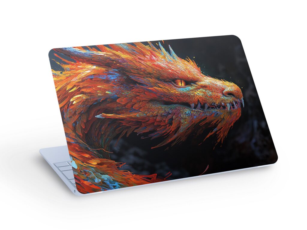 Fantasy DRAGON LAPTOP SKIN Decal Sticker, Fire Dragon Macbook Skin, Dragon on Black Background Laptop Skin Decal, Office gift – Custom Size