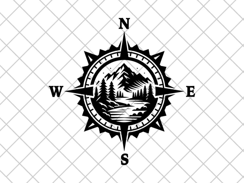 River Mountain Compass Vinyl Decal Sticker, Nature Decal, Forest Sticker, Compass Rose Decal, Laptop Sticker, Decal for Adventure Vehicles
