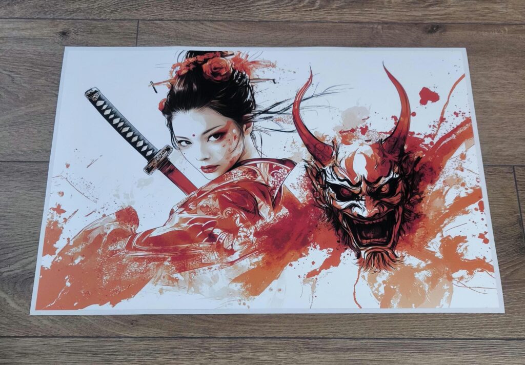 SAMURAI Girl LAPTOP SKIN Decal Sticker, Woman Warrior Macbook Skin, Red & Black Woman Samurai Oni Mask Laptop Skin Decal – Custom Size