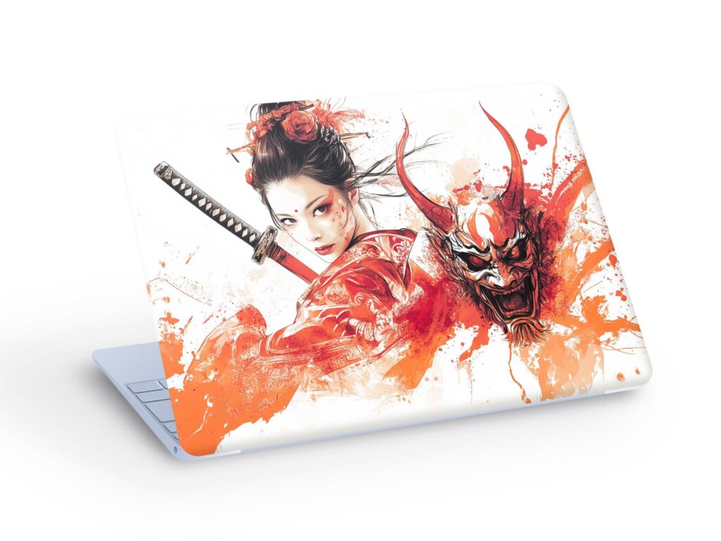 SAMURAI Girl LAPTOP SKIN Decal Sticker, Woman Warrior Macbook Skin, Red & Black Woman Samurai Oni Mask Laptop Skin Decal – Custom Size