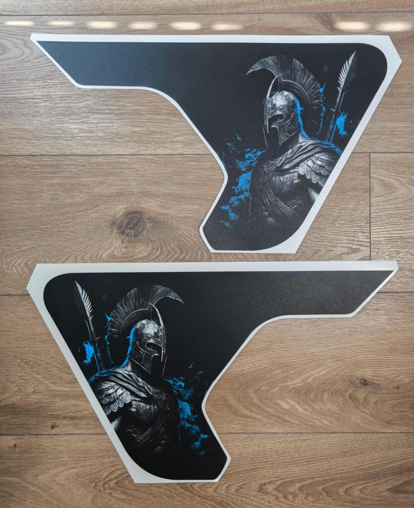 Spartan Warrior Spear Fender Printed Vent Vinyl Decal Sticker, JL / JLU / JT Spartan Fender Vent Decal Set, Blue Flame option, Pair Decals
